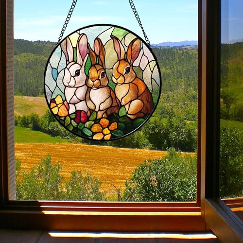 Bunny Rabbit Flowers Stained Glass Window Hanging Suncatcher Gifts 6.3" (Yellow-brown / 6.3x6.3 IN)