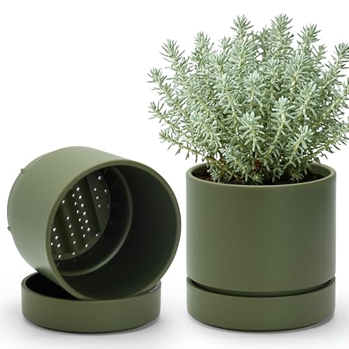 6 Inch Planter Pot with Drainage Hole & Saucer (6" (2 Pack) / Olive)