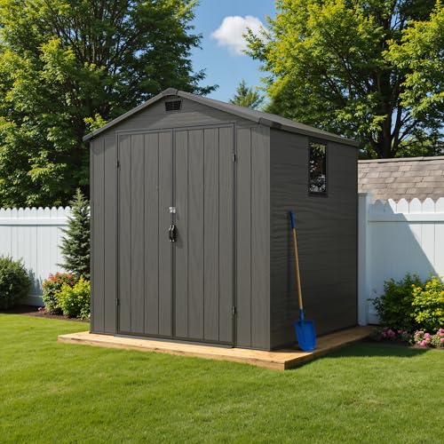 6x6FT Plastic Outdoor Storage Shed with Floor (6x6FT / Dark Gray)