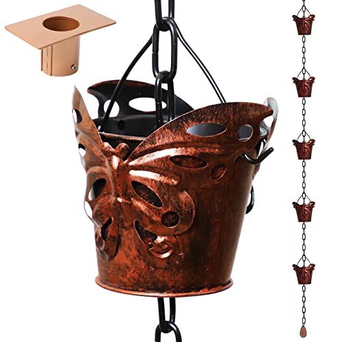 8.5FT Butterfly Iron Rain Chain for Gutters and Rain Barrel+Adapter (Bronze)