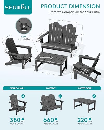 4 Pc HDPE Adirondack Set (Grey / 2 chair &1 bench &1 coffee table)