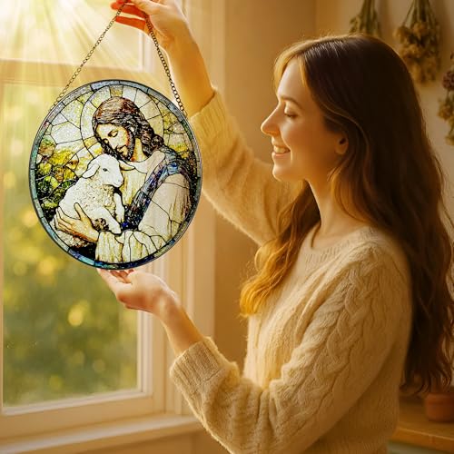 8 Inches Jesus Holding Lamb Painted Stained Glass Suncatcher (Jesus-e)