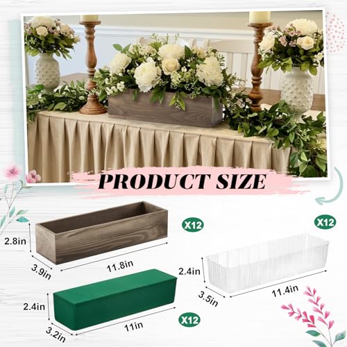 12 Set Wood Boxes for Centerpieces 12x4 Inch Rectangle Wooden Planter Box Rustic Wooden Planters with Removable Plastic Liner Floral Foam Blocks for Christmas Wedding Home Garden Decor (12 X 4 Inch / Brown)