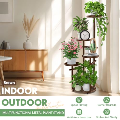Tall 5 Tier Round Metal Corner Plant Stand Indoor (Brown / 5-Tier Round Base)