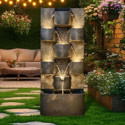 44.8" H Modern Outdoor Water Fountain with LED Lights and Pump (Grey_1 44.8 Inch)