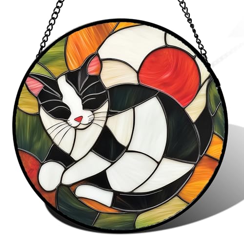 Cozy Tuxedo Cat Stained Glass Window Hanging Suncatcher Gift for Mom 6.3" (Black and White / 6.3x6.3 IN)