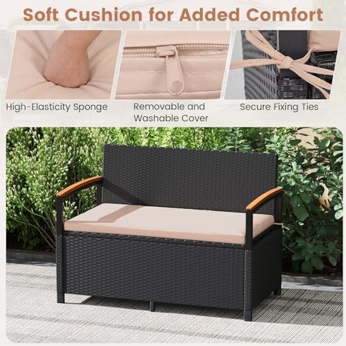 46 Gallon PE Rattan Outdoor Bench with Storage & Cushions (Black & Beige / 46 Gallon)