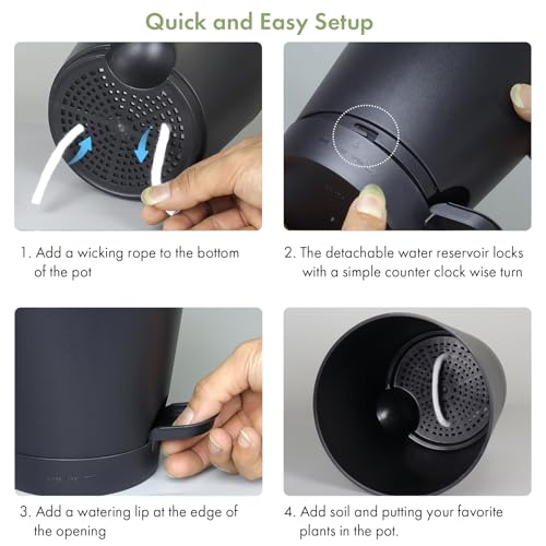 7/6.5/6/5.5/5/4 inch Self Watering Pots for Indoor Outdoor Plants, 6 Pack Plastic Flower Planters with Drainage Holes and Removable Saucers, Plant Pots with Wicking Rope, Modern Decor, Black (6 Count)
