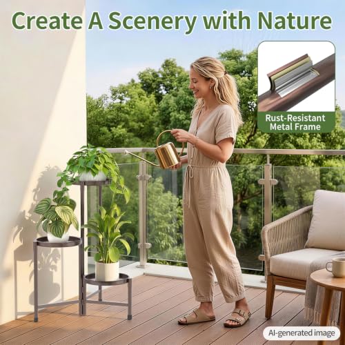 Plant Stand Indoor with 10 Inch Large Metal Tray (Antique Bronze / 3 Tier)