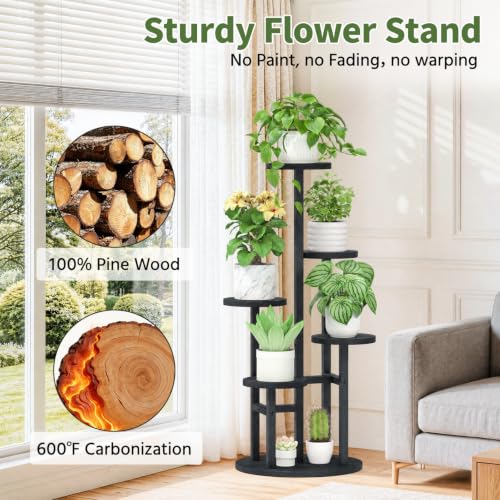 Wood Small Plant Stand Table Indoor Tall with Lights (Natural Black with Light / 5 Tier)