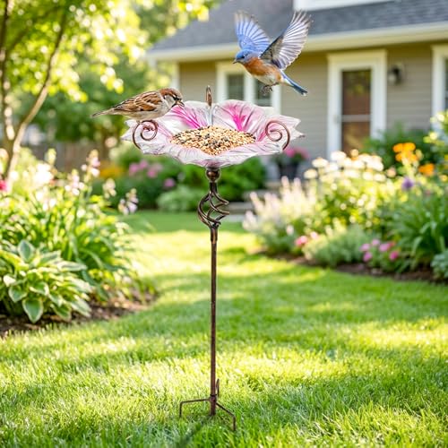 Glass Bird Bath Outdoor Bird Feeder with Metal Stake Garden Decor (Pink)