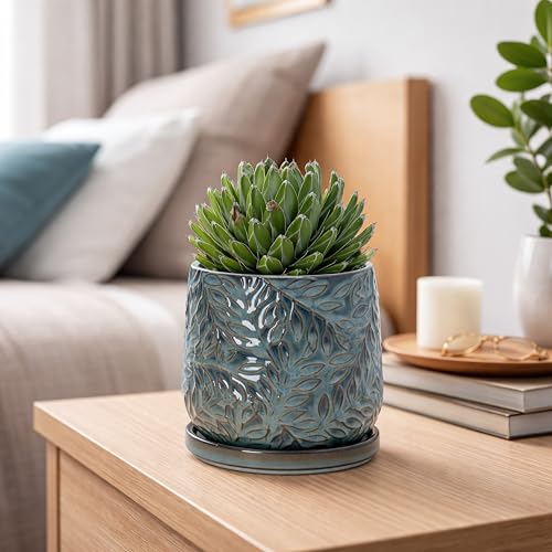 Embossed Leaves Ceramic Planter (5 Inch / Ocean Teal)