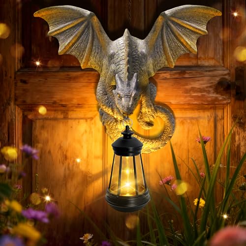 Solar Dragon Tree Hugger Garden Statue (Stone Grey - Dragon with Lantern)