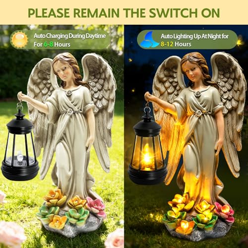 Solar Garden Statue Angel Figurine (Grey - Angel with Lantern)
