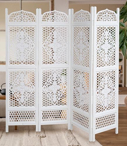 Room Divider Wooden Foldable Hand Carved Screens Panel_80" Wx72 H_4Panel (Antique White / 80"W x 72"H - Minar)