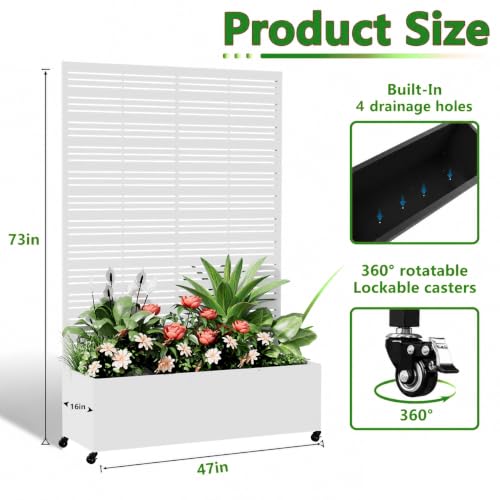 Metal Planter Box with Trellis Privacy Screen (White Line / 73"x 47"x 16")