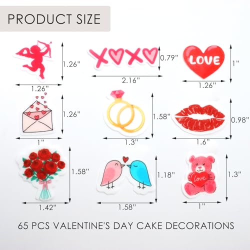 65PCS Valentine's Day Edible Cupcake Toppers & Cake Decorations Romantic Wafer Paper Assortment with Hearts (Red)