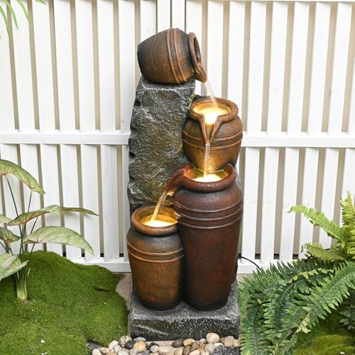 34'' Outdoor Garden Water Fountain with Lights (Brown 34in)