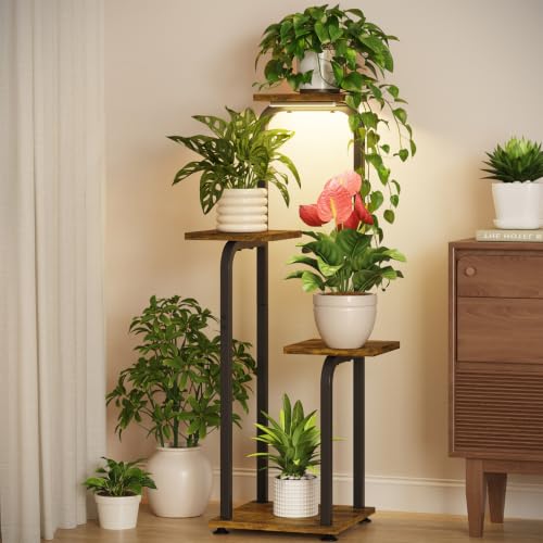 Plant Stand Shelf Tall for Indoor Corner with Lights (Classic Brown-Black with Lights / 4 Tier)