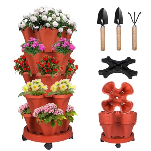 Vertical Strawberry Planter 5 Tier Stackable Tower Herb Planters Stacking Outdoor Garden Planters Pot With Tools Mover For Growing Flowers