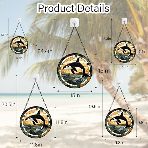 Orca Whale Ocean Waves Stained Glass Window Hanging Suncatcher Gifts 12" (Black and White / 11.8x11.8 IN)