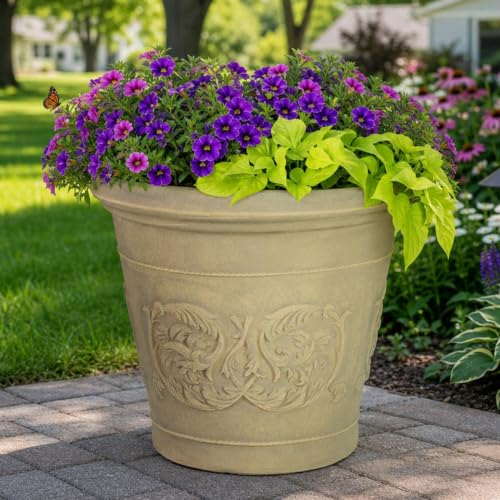 Sunnydaze Arabella 16'' Plastic Planter Pot for Plants (Beige / 16 in)