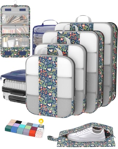 8 Set Compression Packing Cubes for Travel Essentials (Dark Blue Floral)