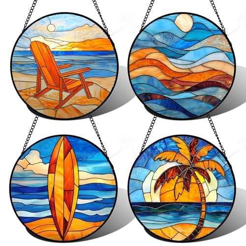 Stained Glass Window Hanging 4 Pcs Set Blue Orange Ocean Beach Theme 7.8" (4-piece Set: Blue Ocean / 7.8x7.8 IN)