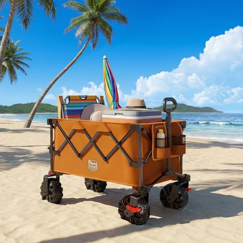 Outdoor Collapsible Folding Wagon with Brakes and Cup Holders (Orange / 200L)