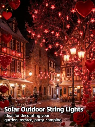 Solar Twinkle Star String Lights Outdoor Waterproof 39FT (Red)