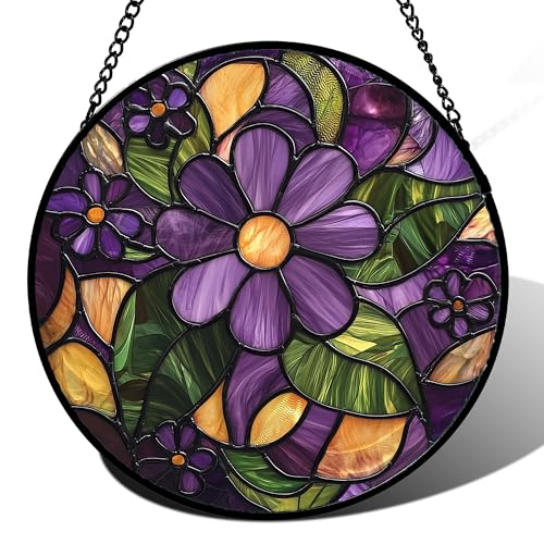 Stained Glass Window Hanging Purple Flower Suncatcher Gift for Women 7.8" (Brown-green / 7.8x7.8 IN)