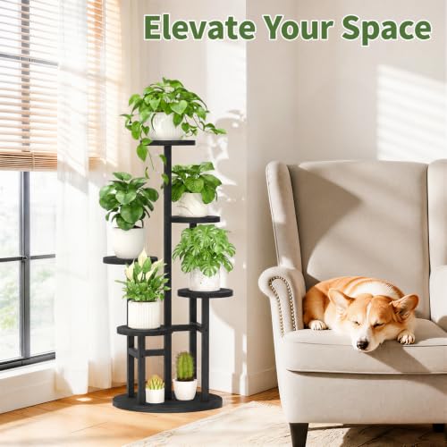 Wood Small Plant Stand Table Tall for Indoor Corner (Natural Black / 5 Tier)