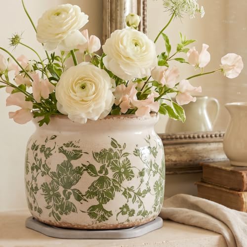 Tuscan Ceramic Planter with Decorative Tray (Classic Green / 7.7 in - w/ Saucer)