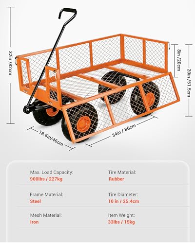 Heavy Duty Steel Garden Cart 900 LBS Capacity 3 in 1 Pullable Garden Wagon with 10 in Wheels for Gardening Soil (Orange / 900 lbs)