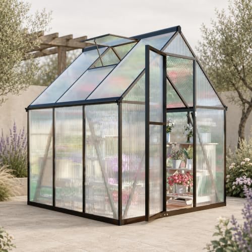 6x6FT Greenhouse with Polycarbonate Panels Vent (Charcoal Black / 6×6FT)