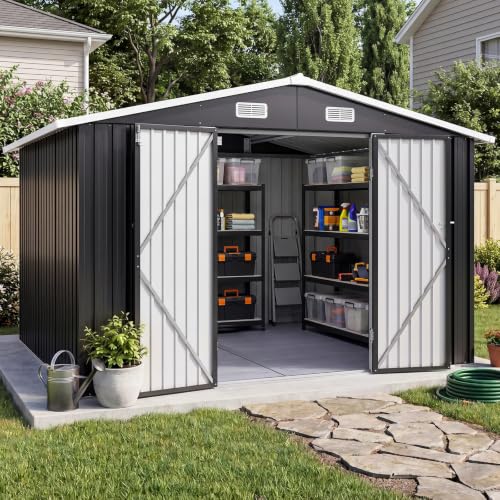 10x8FT Outdoor Storage Shed with Floor Black (Dark Black / 10' x 8')