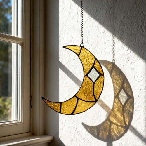 Yellow Moon Stained Glass Window Haninging Handcrafted Art Suncatchers (Yellow Moon)
