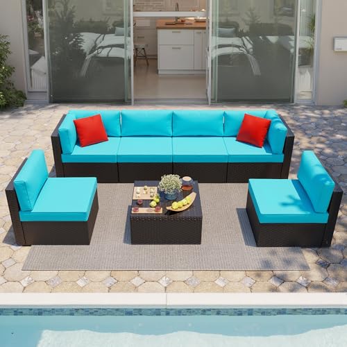 7 Pieces Patio Furniture Sets Outdoor All (Blue / 7 pcs)