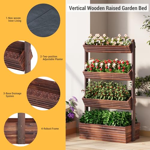 Wood Vertical garden planter herb Raised garden bed indoor kit standing (Carbonized / 4-Tier)