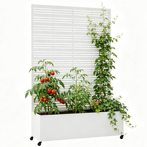 Metal Planter Box with Trellis Privacy Screen (White Line / 73"x 47"x 16")