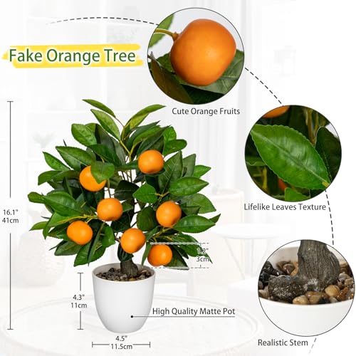 Artificial Potted Plants 16.1 inches Fake Orange Tree Artificial Citrus Fruit Plant with White Pot Faux Plants Indoor for Home (Citrus Tree/White Pot)