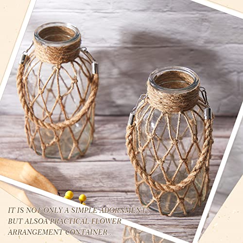 Set of 4 Rope Net Dry Flower Glass Vase 7.9 x 4 Inches Wicker Farmhouse Vase Coastal Decor for Wedding Tables Home Rustic Hanging Mason Jar Rope Wrapping Decorative Bottles Nautical Decor (4 Count)