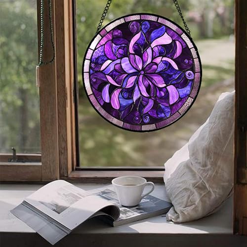 Purple Abstract Flower Stained Glass Window Hanging Suncatcher Gifts 12" (Dark Purple / 11.8x11.8 IN)