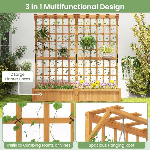 71" Raised Garden Bed with Trellis & 2 Hanging Roof (71" x 19" x 72")