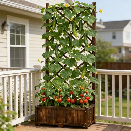 Raised Garden Bed with Trellis Wooden Flower Standing Planter Box Outdoor Wood Lattice Panels Privacy Screen for Climbing Plant Planting Patio Tomato Vegetable Herb Balcony Porch 67" H