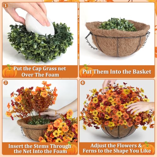 2 Sets Artificial Fall Mums Hanging Flowers Plants Baskets (Orange, Yellow, Red)