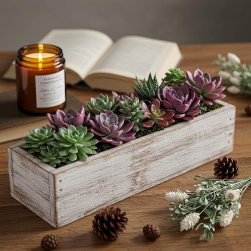 10 Set Wood Boxes for Centerpieces 12x4 Inch Rectangle Wooden Planter Box Rustic Wooden Planters with Removable Plastic Liner Floral Foam Blocks for Christmas Wedding Home Garden Decor (12 X 4 Inch / White)
