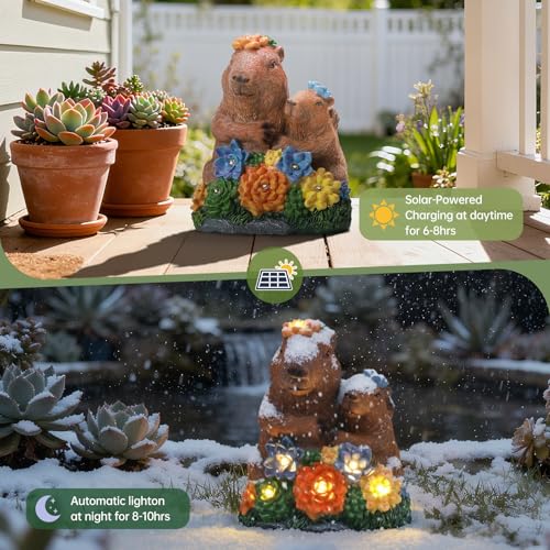 Solar Capybara Garden Statue with Flower LED Lights (Multicolor - Capybara-parentchild)
