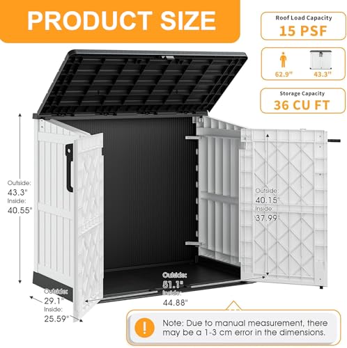 Outdoor Storage Cabinet 36 Cu Ft with Lockable Doors (Black-Ashen / 29.1"×51.1"×43.3")