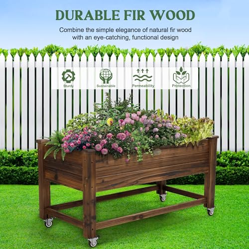 Cedar Wood Outdoor Raised Garden Bed Planter Box with Locking Wheels (Planter Box)